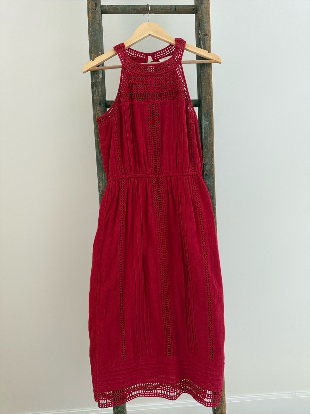 Joie “Dance” Red Cotton Halter Midi Dress with Crochet and Eyelet Lace panels
